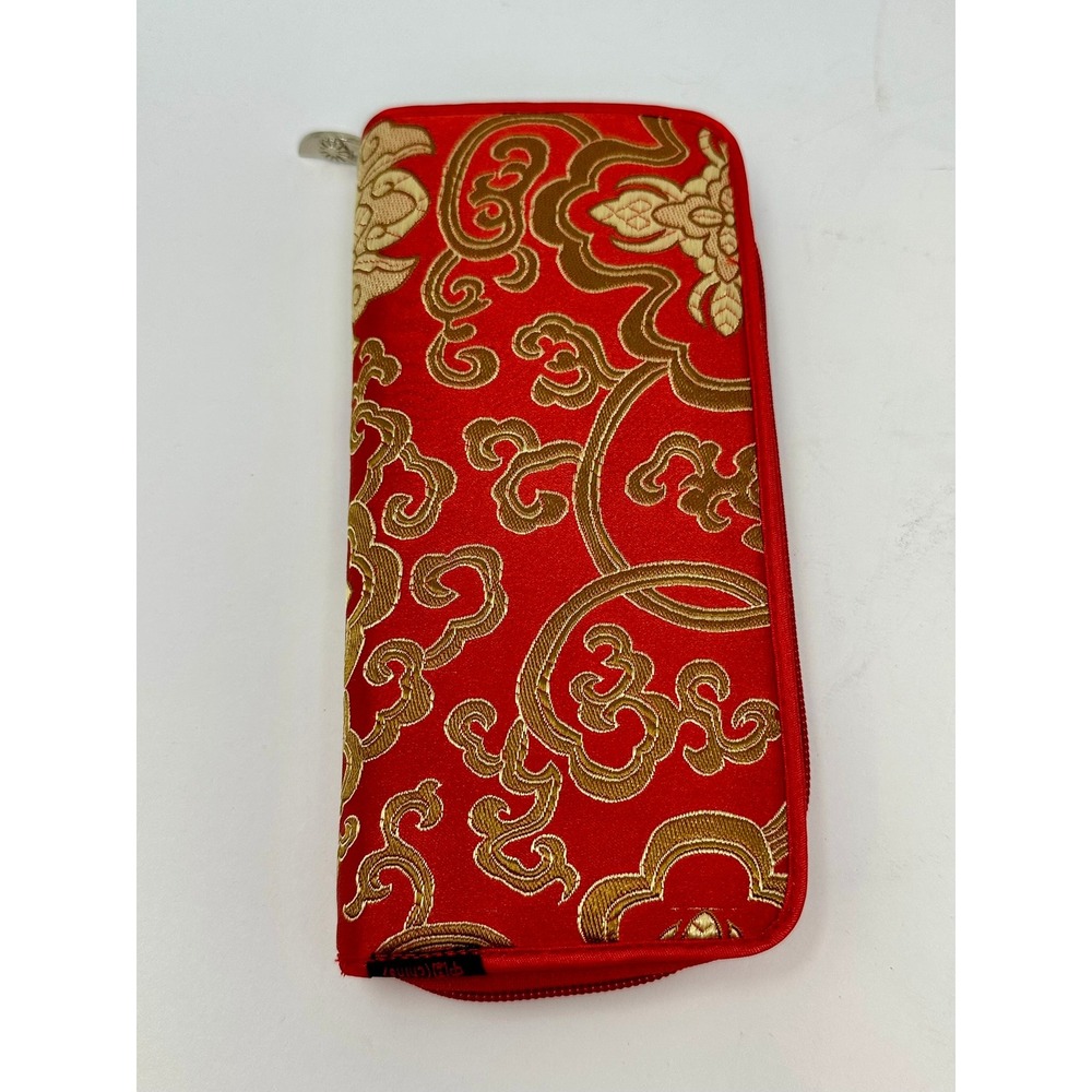 Red Gold Brocade Floral Zip Around Wallet Wristlet Traditional Pattern Clutch B2